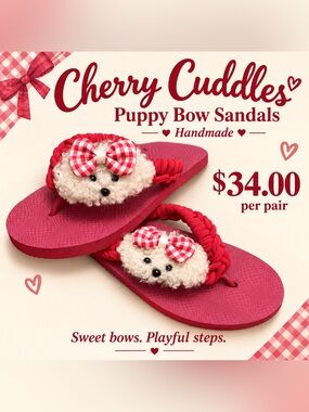 🩷. S-48.  Adult Red Puppy Bow Sandals